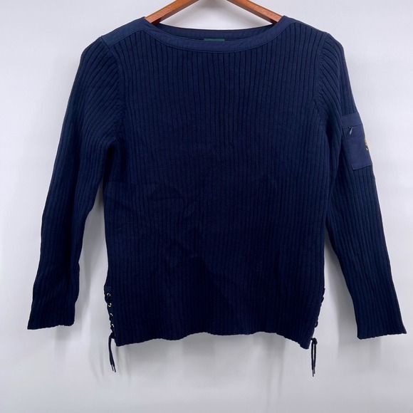 Lauren Ralph Lauren Navy Ribbed Cotton Boat Neck Sweater XL Lace Up Sides Nautic - Picture 6 of 7
